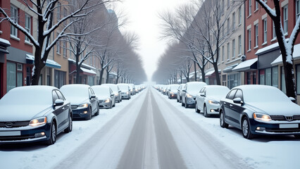 Cinematic night view of parked cars under heavy snow, glowing streetlights, soft falling snowflakes and peaceful winter urban atmosphere