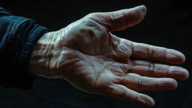An elderly person's hand with visible veins and lines of age.