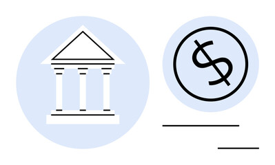 Bank building with classical columns alongside a dollar currency sign. Ideal for finance, banking, savings, economy, wealth management, investment, and business sectors. Simple flat metaphor