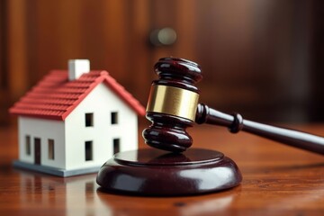Legal Proceedings Related to Real Estate Symbolized by Close-Up Shot of House Model and Gavel in Courtroom