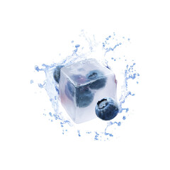 Blueberries Encased In Ice Cube With Water Splash. Refreshing And Cool Beverage Concept. Isolated On Transparent Background