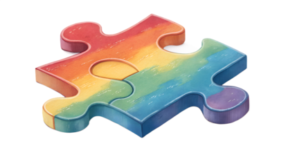 Single colorful jigsaw puzzle piece, isolated transparent background, soft lighting and depth.