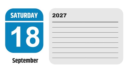 September 18, 2027: Animated 2030 planner showcasing September calendar, highlighting September 18th with space for tasks, notes, and to-do lists.
