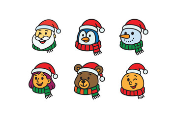 Bundle Different funny Christmas hat and scarf colourful vector icon on white background.