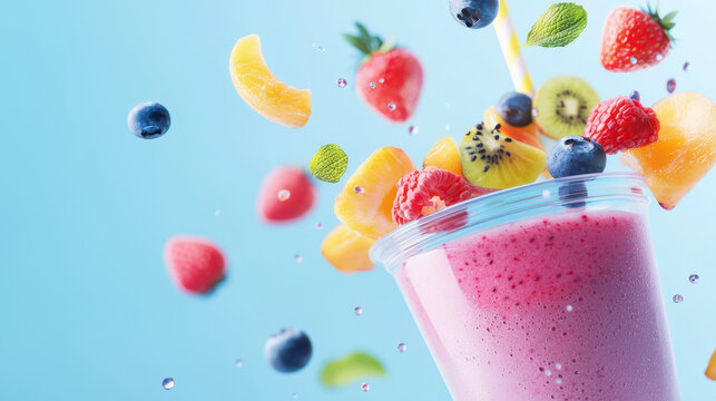 Vibrant smoothie filled with fresh fruits like strawberries, blueberries, and kiwi, splashes against light blue background, evoking refreshing