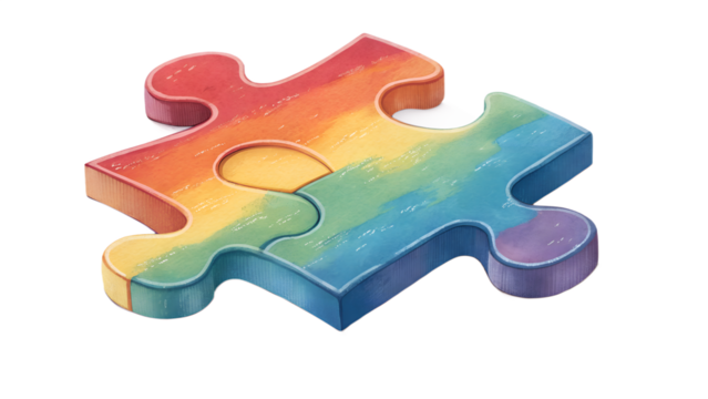 Single colorful jigsaw puzzle piece, isolated transparent background, soft lighting and depth.