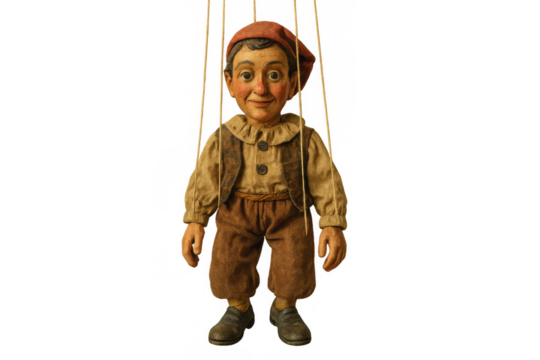 Pinocchio character, a wooden marionette puppet, a vintage toy with strings, standing on transparent background - Powered by Adobe