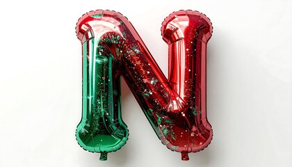 Festive Red and Green Letter N Balloon with Glitter