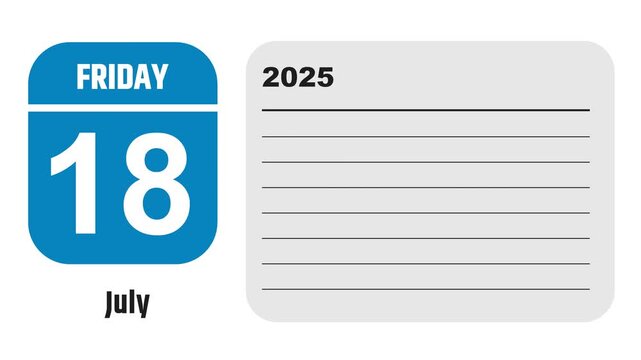 July 18, 2025: Animated 2028 planner showcasing July calendar, highlighting July 18th with space for tasks, notes, and to-do lists.