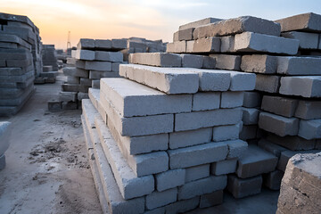 Obraz premium Stacks of pale gray building blocks are arranged outdoors, ready for construction. The sky at sunset glows faintly in the background, adding warmth to the industrial scene.