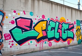 Geometric graffiti art on urban wall, vibrant colors, paint, spray paint