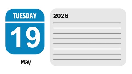 May 19, 2026: Animated 2030 planner showcasing May calendar, highlighting May 19th with space for tasks, notes, and to-do lists.