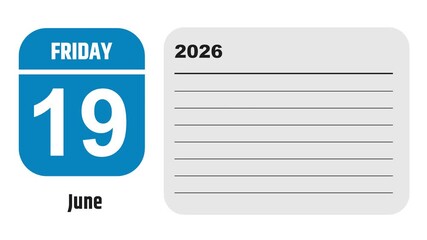 June 19, 2026: Animated 2030 planner showcasing June calendar, highlighting June 19th with space for tasks, notes, and to-do lists.