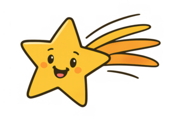 Yellow shooting star character smiling, illustrating happiness, success, making a wish, and a bright future on transparent background