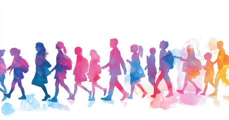 Obraz premium Colorful silhouettes of people walking in line, showcasing diversity and movement, with vibrant watercolor effect