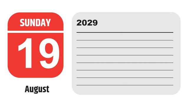 August 19, 2029: Animated 2026 planner showcasing August calendar, highlighting August 19th with space for tasks, notes, and to-do lists.