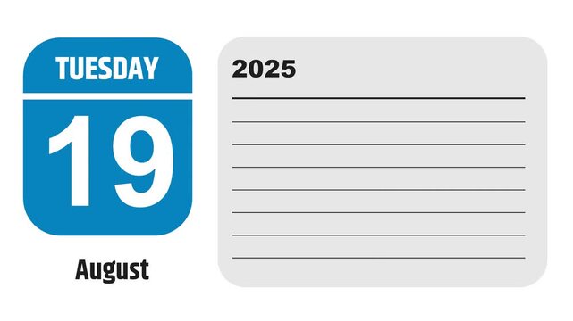 August 19, 2025: Animated 2028 planner showcasing August calendar, highlighting August 19th with space for tasks, notes, and to-do lists.