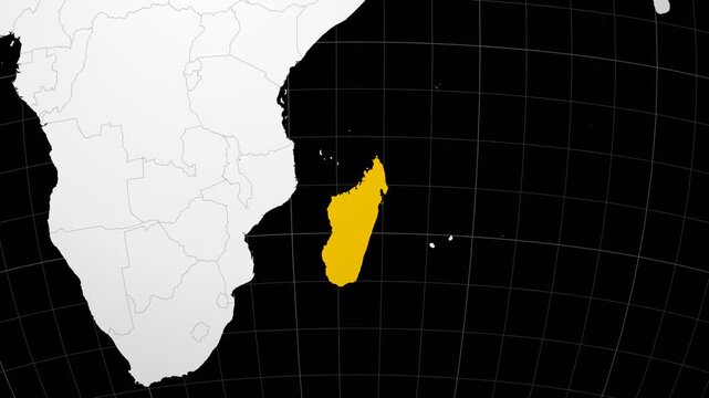 Madagascar map. Animated zoom into the country on the Globe in Black White color palette. Country logo animation. Map with meridians, parallels. Neat video.