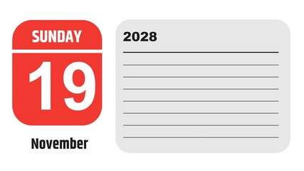 November 19, 2028: Animated 2025 planner showcasing November calendar, highlighting November 19th with space for tasks, notes, and to-do lists.