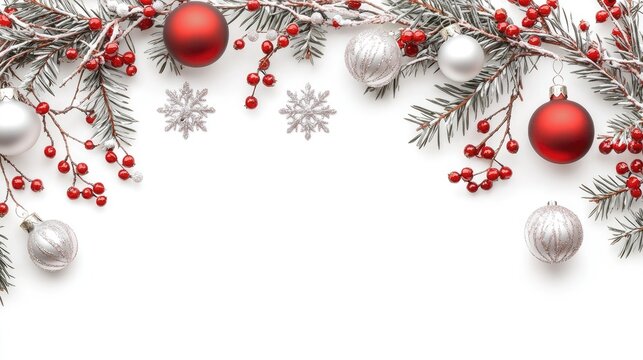 Bright red and silver ornaments hang gracefully from evergreen branches, creating a cheerful atmosphere for the festive season