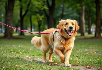 Happy Golden Retriever on a leash, trotting through a park,  tail wagging,   petsitting