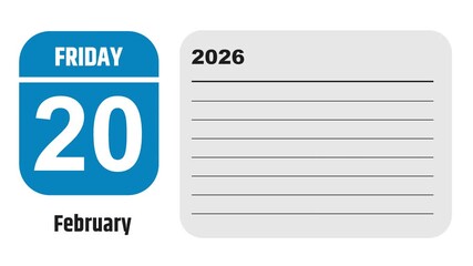 February 20, 2026: Animated 2030 planner showcasing February calendar, highlighting February 20th with space for tasks, notes, and to-do lists.