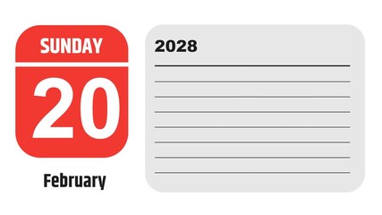 February 20, 2028: Animated 2026 planner showcasing February calendar, highlighting February 20th with space for tasks, notes, and to-do lists.