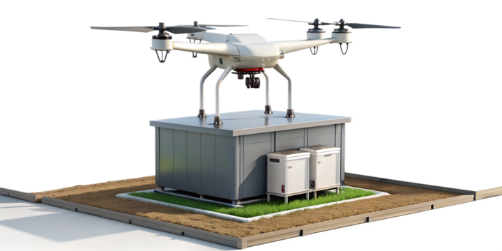 Drone delivering a modular data center isolated on transparent background for edge computing