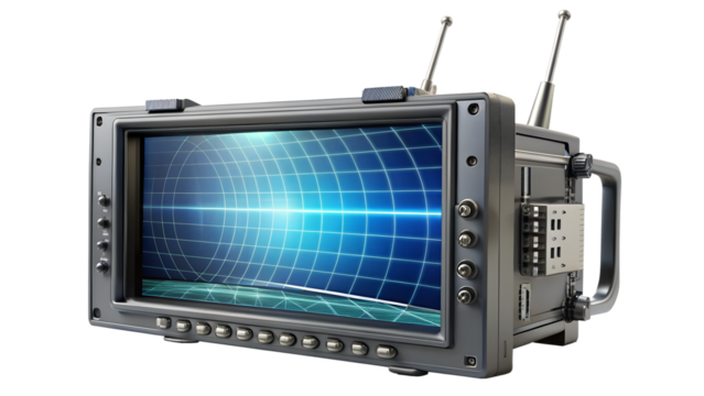 Portable ground control station with screen and antennas isolated on transparent background - Powered by Adobe