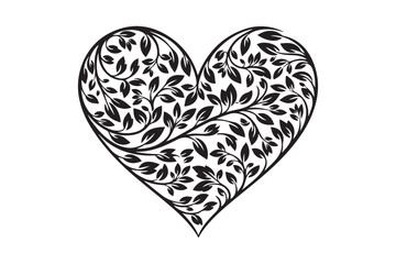 Black and white heart shape filled with intricate floral vine pattern