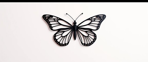 Intricate, black metal butterfly silhouette against a white background,  shadow,  art