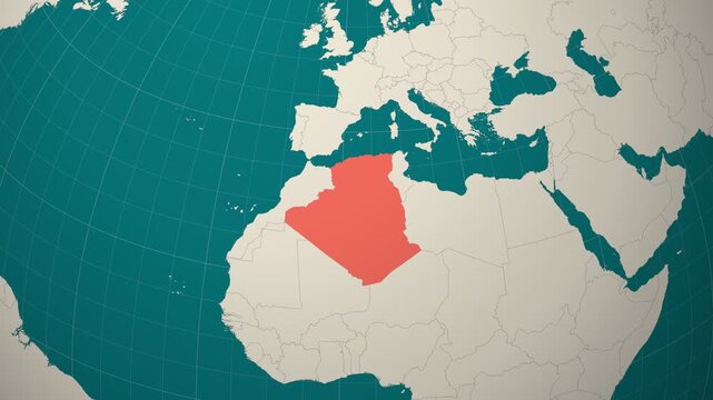 Algeria map. Animated zoom into the country on the Globe in Teal Pale Mint color palette. Country logo animation. Map with meridians, parallels. Amazing video.