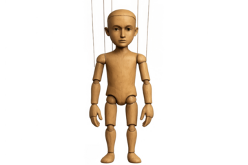 Wooden puppet marionette with strings, representing control, manipulation, and dependency on a transparent background