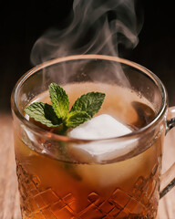Refreshing mint tea with steam and ice on a wooden table