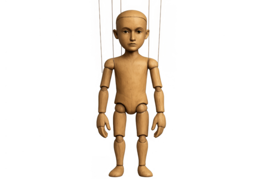 Wooden puppet marionette with strings, representing control, manipulation, and dependency on a transparent background