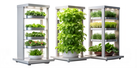 Three vertical hydroponic towers growing fresh herbs isolated on transparent background for urban farm