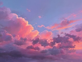 Dramatic Sunset Sky with Expansive, Vivid Pink and Orange Cumulus Clouds, Contrasting with Shades of Blue and Purple, Creating a Breathtaking Atmospheric Scene