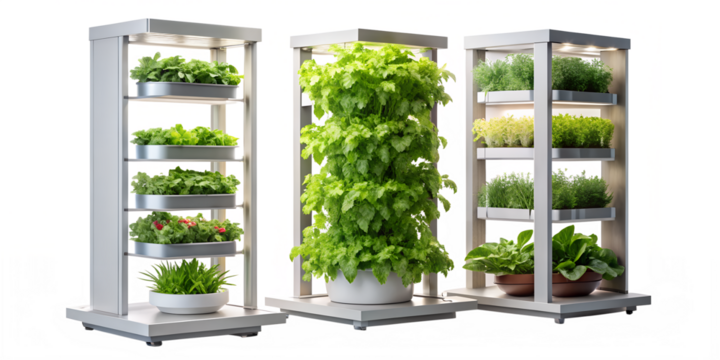 Three vertical hydroponic towers growing fresh herbs isolated on transparent background for urban farm