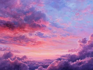 Vibrant dreamlike pastel purple and pink sunset clouds panoramic view, vast fluffy cotton candy sky scene, abstract cloudscape painted, serene horizon atmosphere, evening sky scenic beauty