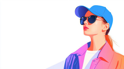 Stylish woman wearing sunglasses and cap, showcasing modern and vibrant look. illustration captures confident and trendy vibe