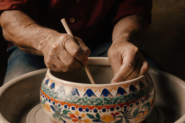 Skilled artisan shaping a colorful ceramic bowl in workshop
