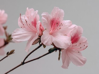 Graceful Light Pink Azalea Blooms with Subtle Water Droplets, Elegant Floral Arrangement against a Muted Gray-Green Background, Serene Studio Shot of Flowering Shrub