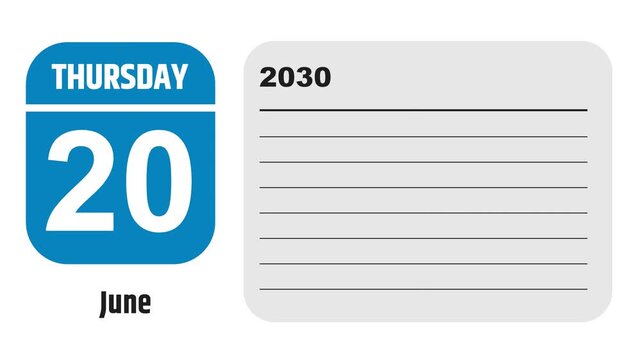 June 20, 2030: Animated 2027 planner showcasing June calendar, highlighting June 20th with space for tasks, notes, and to-do lists.