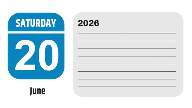 June 20, 2026: Animated 2030 planner showcasing June calendar, highlighting June 20th with space for tasks, notes, and to-do lists.