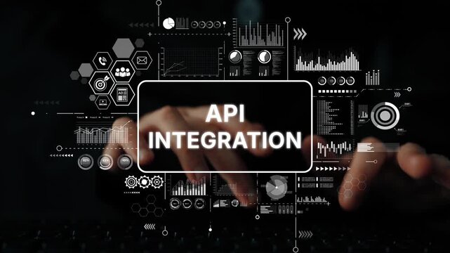 Hands Typing on a Keyboard with Digital Graphics Representing API Integration and Data Analytics Concepts. Asymptotic smart data analytic.