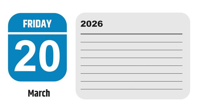March 20, 2026: Animated 2025 planner showcasing March calendar, highlighting March 20th with space for tasks, notes, and to-do lists.