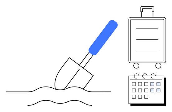 Shovel digging in ground next to suitcase and calendar with marked dates. Ideal for travel, adventure, vacation, preparation, planning, exploration, and project deadlines. Simple flat metaphor