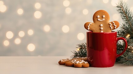 Gingerbread cookie sits inside a red mug with festive decorations and cookies nearby, creating a cozy holiday scene