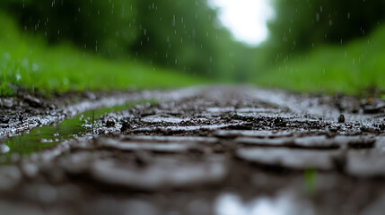 Rainy path through the forest, muddy terrain reflecting the overcast sky. Raindrops fall, blurring the background, creating a serene atmosphere. Close-up shot.