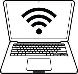 Modern laptop computer displaying a clear black and white wifi symbol on its screen